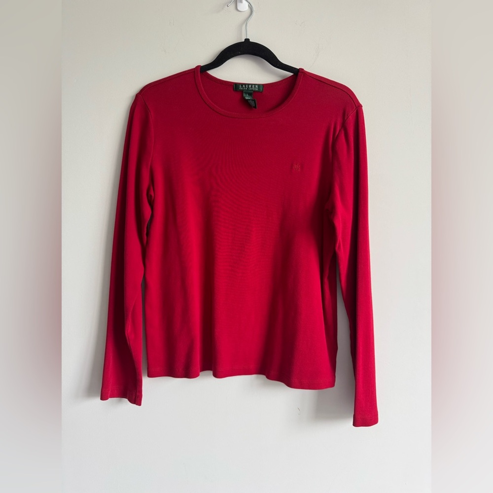 Lauren Ralph Lauren Red Cotton Long Sleeve Scoop Neck Casual Elegant Cozy Shirt